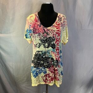 Kavio! T Shirt Womens XL Multicolor Semi Sheer Graphic Burnout Short Sleeve Y2k